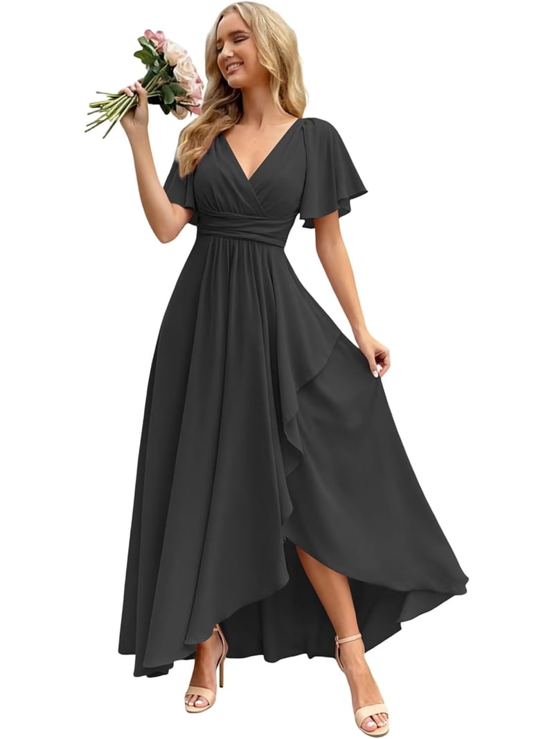 walmart bridesmaid dresses Flutter Sleeve Long with Slit Chiffon V Neck Formal Evening Dress ZU161 product:base-lace-t-shirt-bra Colorful Black Tie Wedding Size:14 (PREORDER SHIPS IN APPROX 6 WEEKS) chosen for its drape