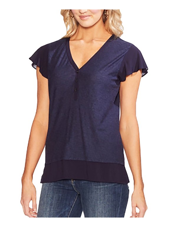 Flutter-Sleeve Layered-Look Top Caviar Heather M