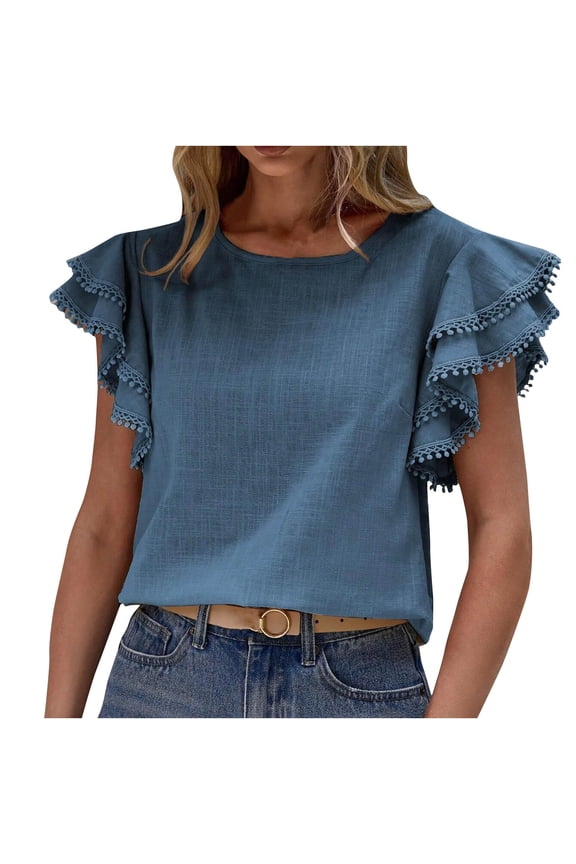 Flutter Sleeve Round Neck Tops for Women Casual Solid Summer 2026 Trendy Blouses Blue,S
