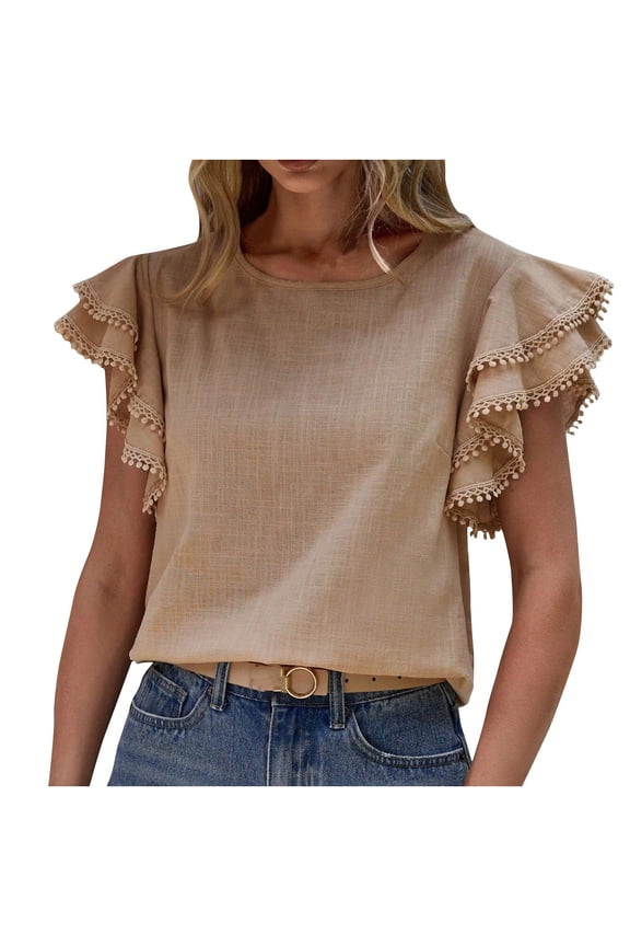 Flutter Sleeve Round Neck Tops for Women Casual Solid Summer 2025 Trendy Blouses Khaki,XL