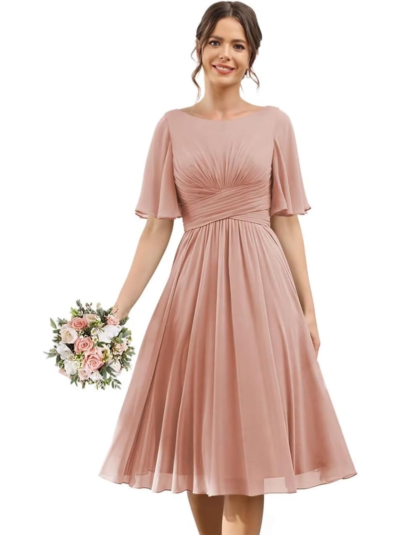 short bridesmaid dresses with pockets LYQDRSS Flutter Sleeve Pocket Ruched Chiffon Formal Cocktail Party Dress Zu132, Women's, Size: 10, Clear nav-477