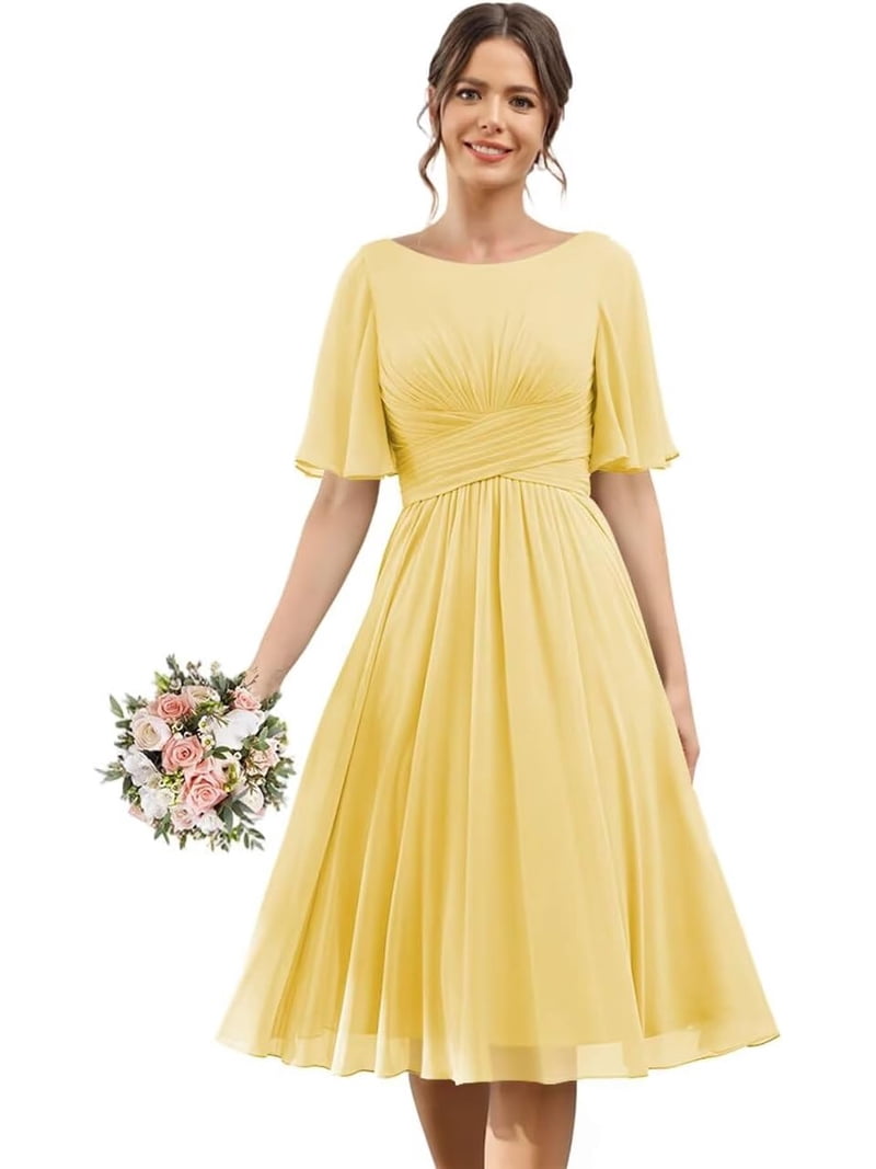 short yellow bridesmaid dresses Flutter Sleeve with Pocket Ruched Chiffon Formal Cocktail Party Dress ZU132 Whether its a wedding