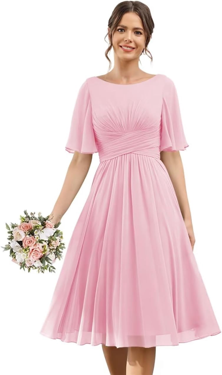 LYQDRSS Flutter Sleeve Short Bridesmaid Dresses with Pocket Ruched Chiffon Formal Cocktail Party Dress Zu132, Women's, Size: 6, Clear