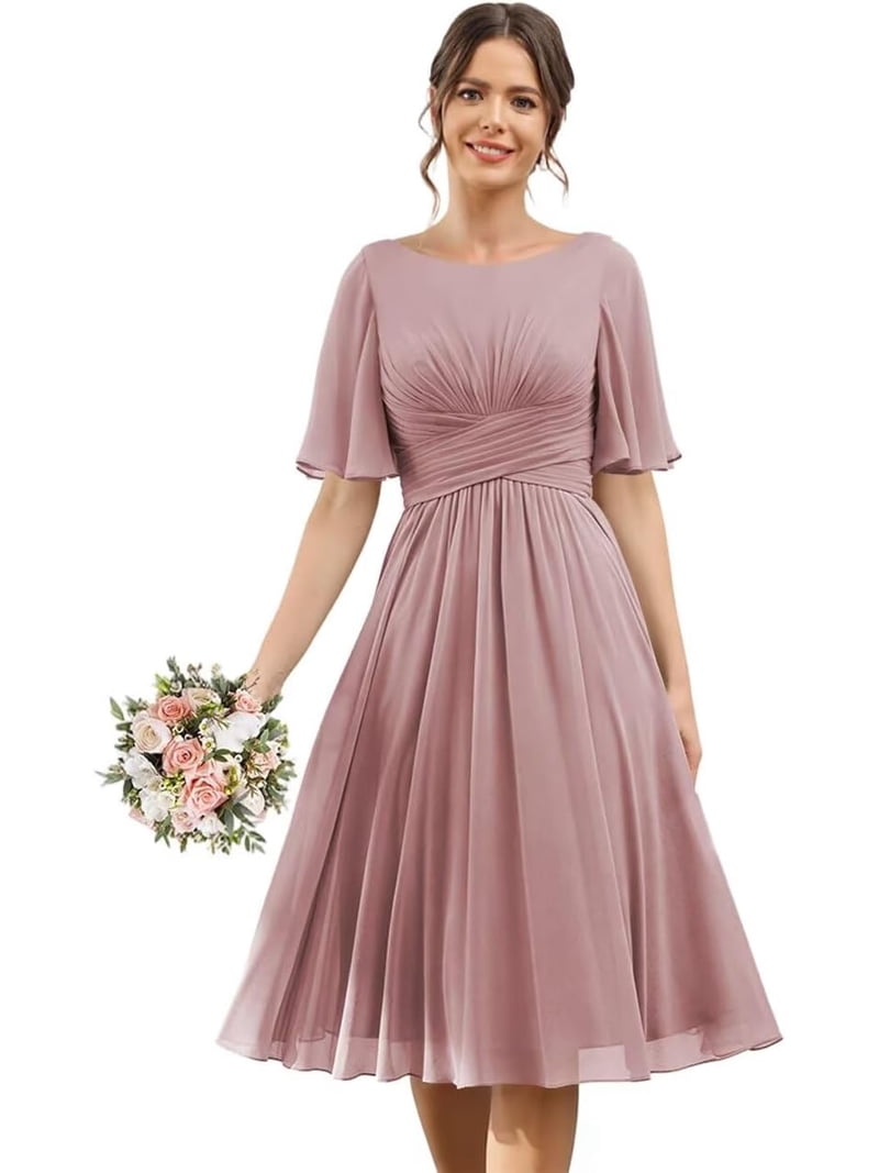short bridesmaid dresses with pockets LYQDRSS Flutter Sleeve Pocket Ruched Chiffon Formal Cocktail Party Dress Zu132, Women's, Size: 28 Plus, Clear Pattern:Inlet Dr Modern crepe dress | BRIDE EDIT and leave us a