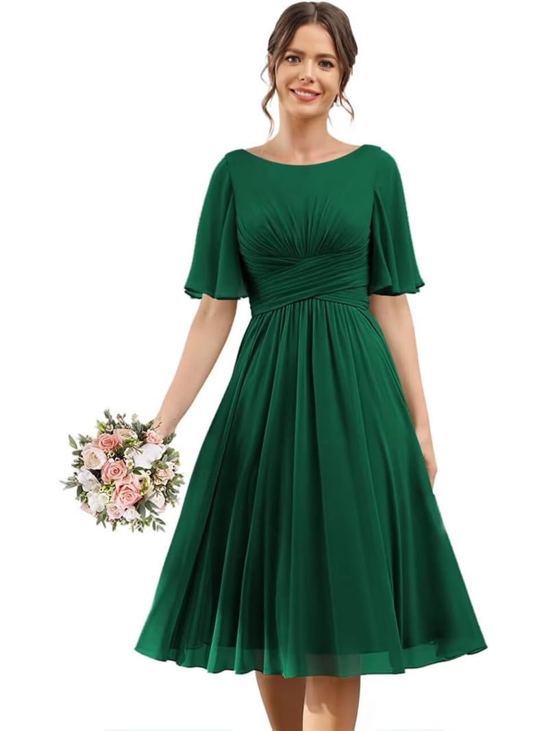 short bridesmaid dress with pockets LYQDRSS Flutter Sleeve Dresses Pocket Ruched Chiffon Formal Cocktail Party Zu132, Women's, Size: 8, Clear women's overall dress Black Wrap Top Long SIZE:MEDIUM Worry Return