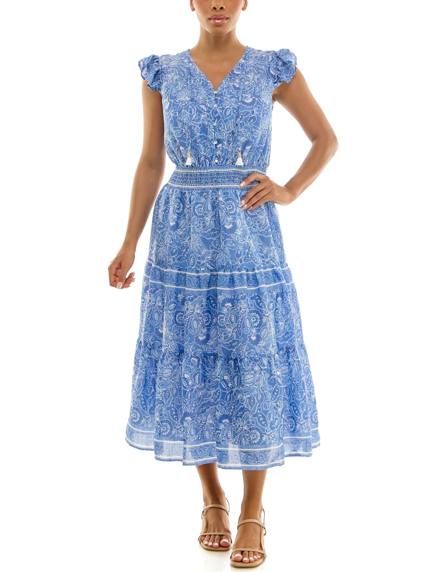 sachin and babi light blue dress Women's Black Floral Midi Dress – V-Neck Short Sleeve Summer Dress, Flowy  Casual A-Line Dress for Everyday, Travel & Brunch main image 0