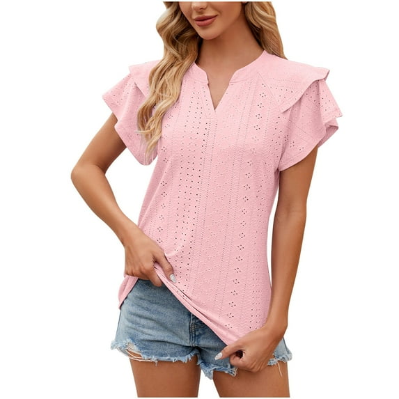 Flutter Sleeve V Neck T-Shirts Summer 2025 Tops for Women Slim Fit Mesh Hole Solid Trendy Blouses Pink,XL