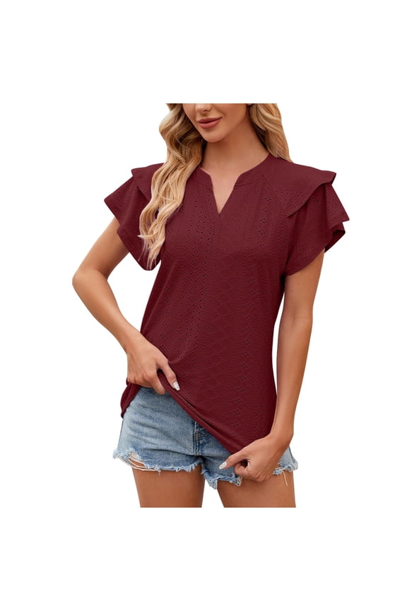 Flutter Sleeve V Neck T-Shirts Summer 2025 Tops for Women Slim Fit Mesh Hole Solid Trendy Blouses Wine,2XL