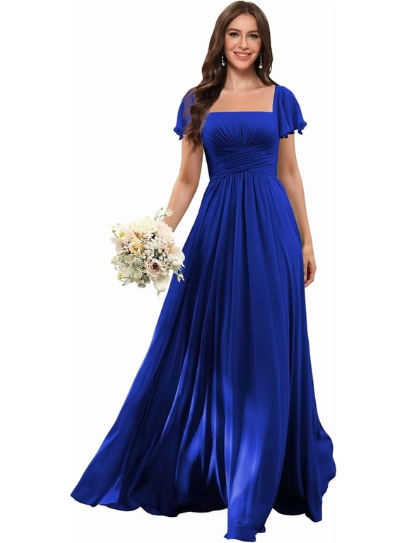 Flutter Sleeves Bridesmaid Dresses Square Neck Chiffon Maxi Dress A Line Formal Dress with Pocket ZU022