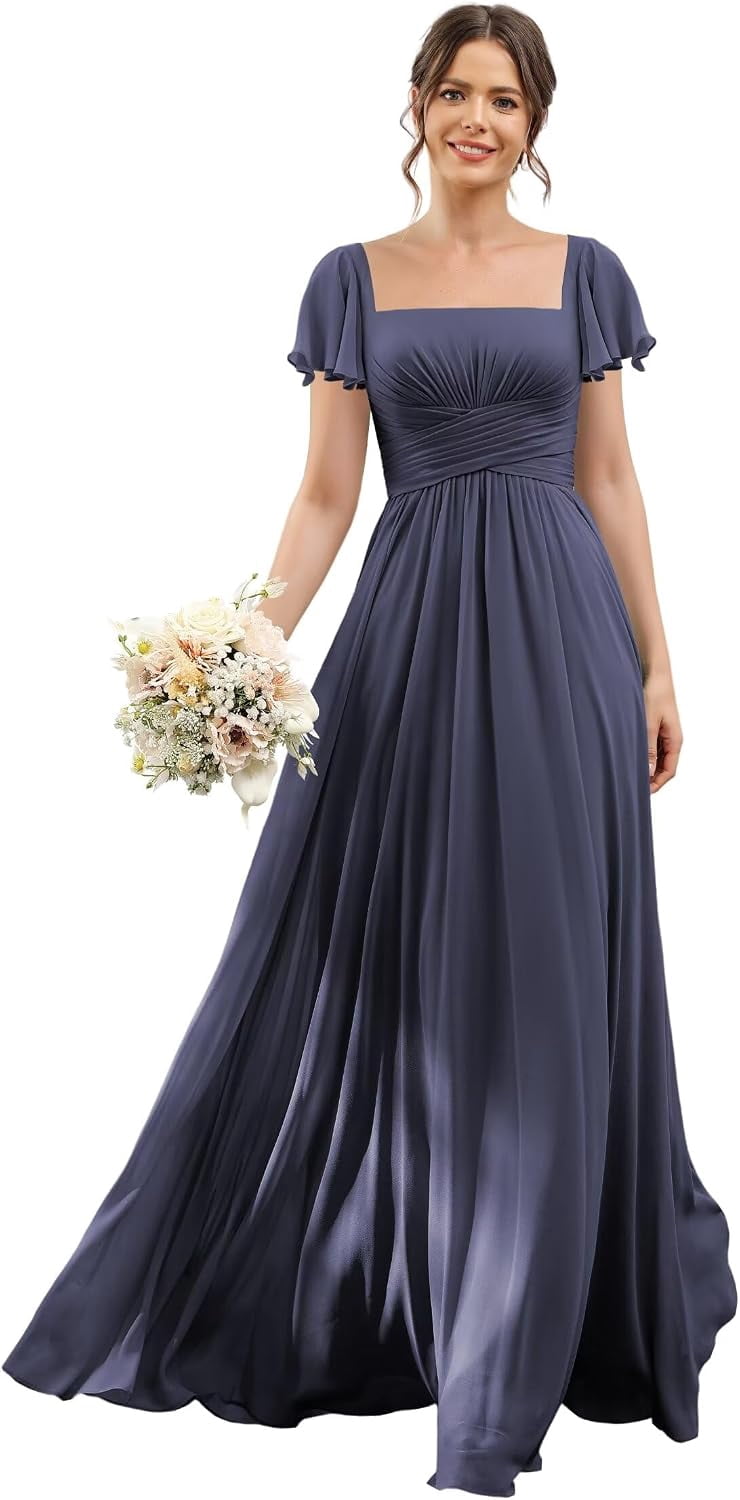 Flutter Sleeves Bridesmaid Dresses Square Neck Chiffon Maxi Dress A Line Formal Dress with Pocket ZU022