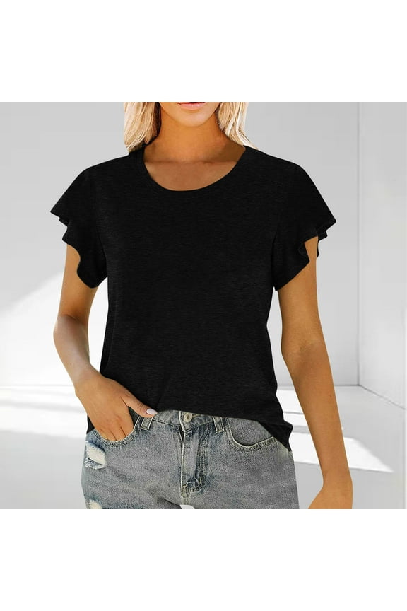 Flutter Sleeve Tops for Women Graphic Print Crew Neck Casual T-shirts Short Sleeve Summer Blouses (M, Black-Solid)