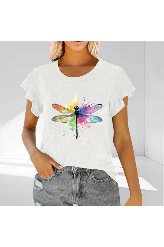 Flutter Sleeve Tops for Women Graphic Print Crew Neck Casual T-shirts Short Sleeve Summer Blouses (S, White-Dragonfly)