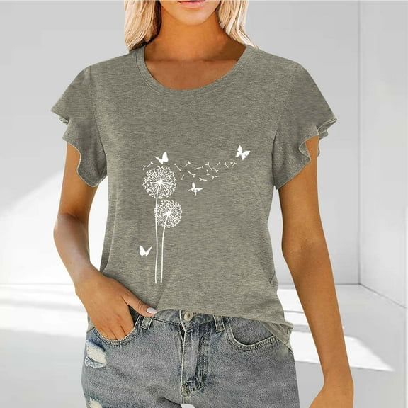 Flutter Sleeve Tops for Women Graphic Print Crew Neck Casual T-shirts Short Sleeve Summer Blouses (XL, Gray-Dandelion)