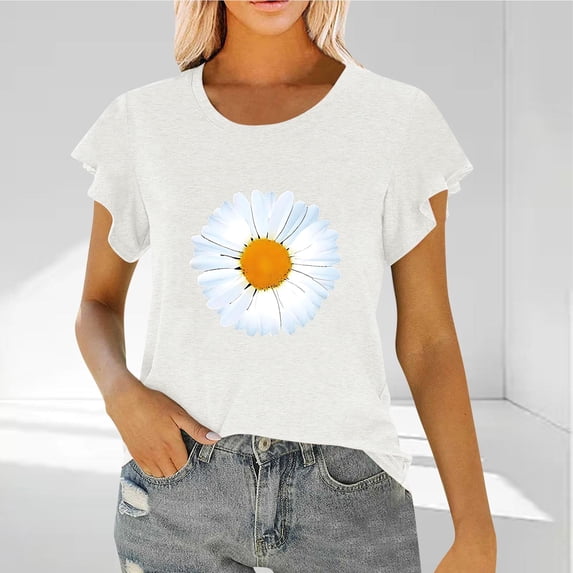 Flutter Sleeve Tops for Women Graphic Print Crew Neck Casual T-shirts Short Sleeve Summer Blouses (XL, White-Daisy)