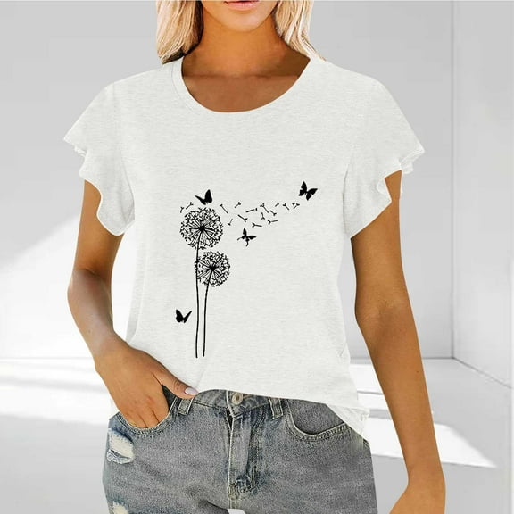 Flutter Sleeve Tops for Women Graphic Print Crew Neck Casual T-shirts Short Sleeve Summer Blouses (XL, White-Dandelion)