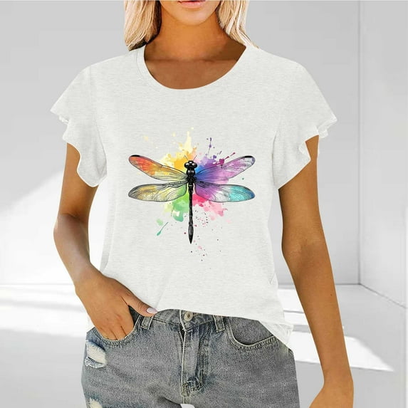 Flutter Sleeve Tops for Women Graphic Print Crew Neck Casual T-shirts Short Sleeve Summer Blouses (XL, White-Dragonfly)