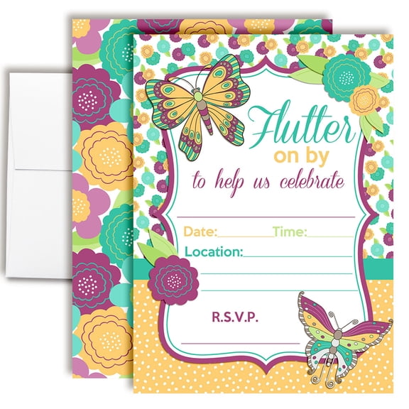 Flutter on By Spring Butterfly Birthday Invitations for Kids, 20 Fill-In Cards with Envelopes, 5x7 Children's Party Invitations, Birthday Party Supplies, Made in USA by Amanda Creation