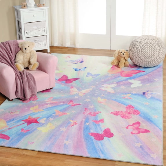 Superior Butterfly Non-Slip Indoor Play Rug, 5' 7" x 8' 9", Magenta