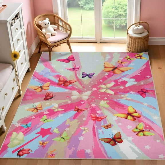 Superior Butterfly Non-Slip Washable Indoor Play Rug, 5' x 7' 6", Apricot
