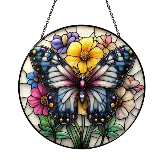 Fluttering Butterfly Stained Glass Window Decor, Botanical Nature Suncatcher For Cheerful And Peaceful Home Interiors