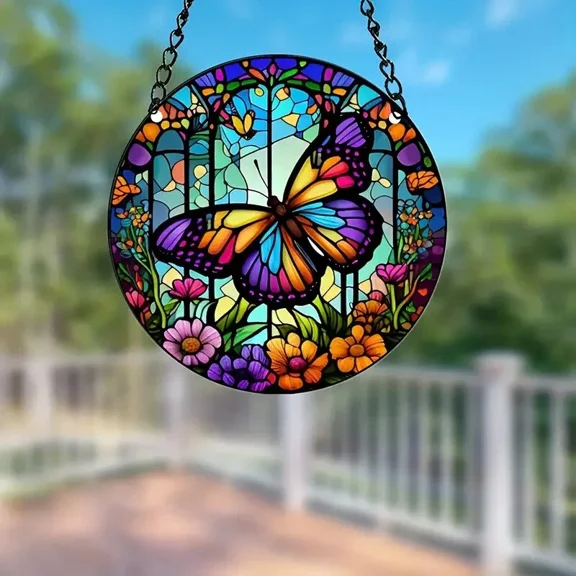 Fluttering Butterfly Suncatcher | Water Ripple Acrylic | Round Window Hanging | Indoor Outdoor Garden Decor