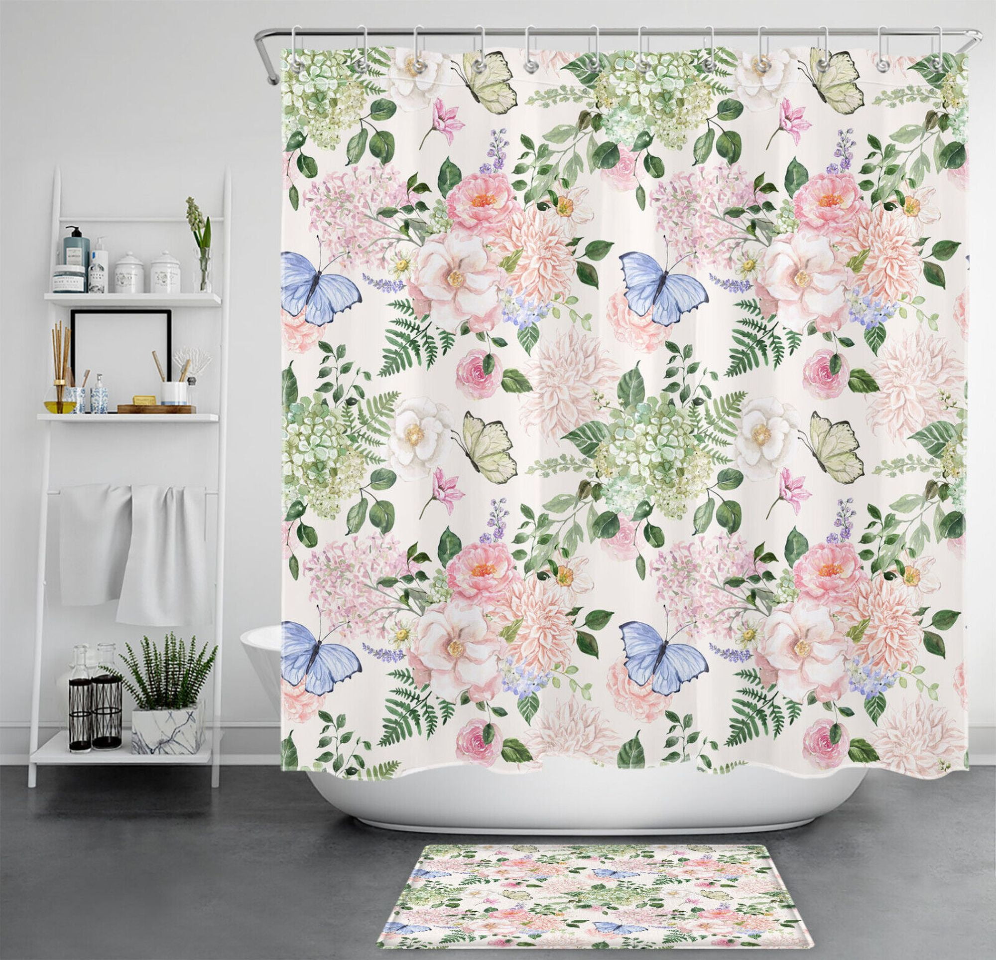 Fluttering Charm Full Bathroom Set with Beige Shower Curtain and
