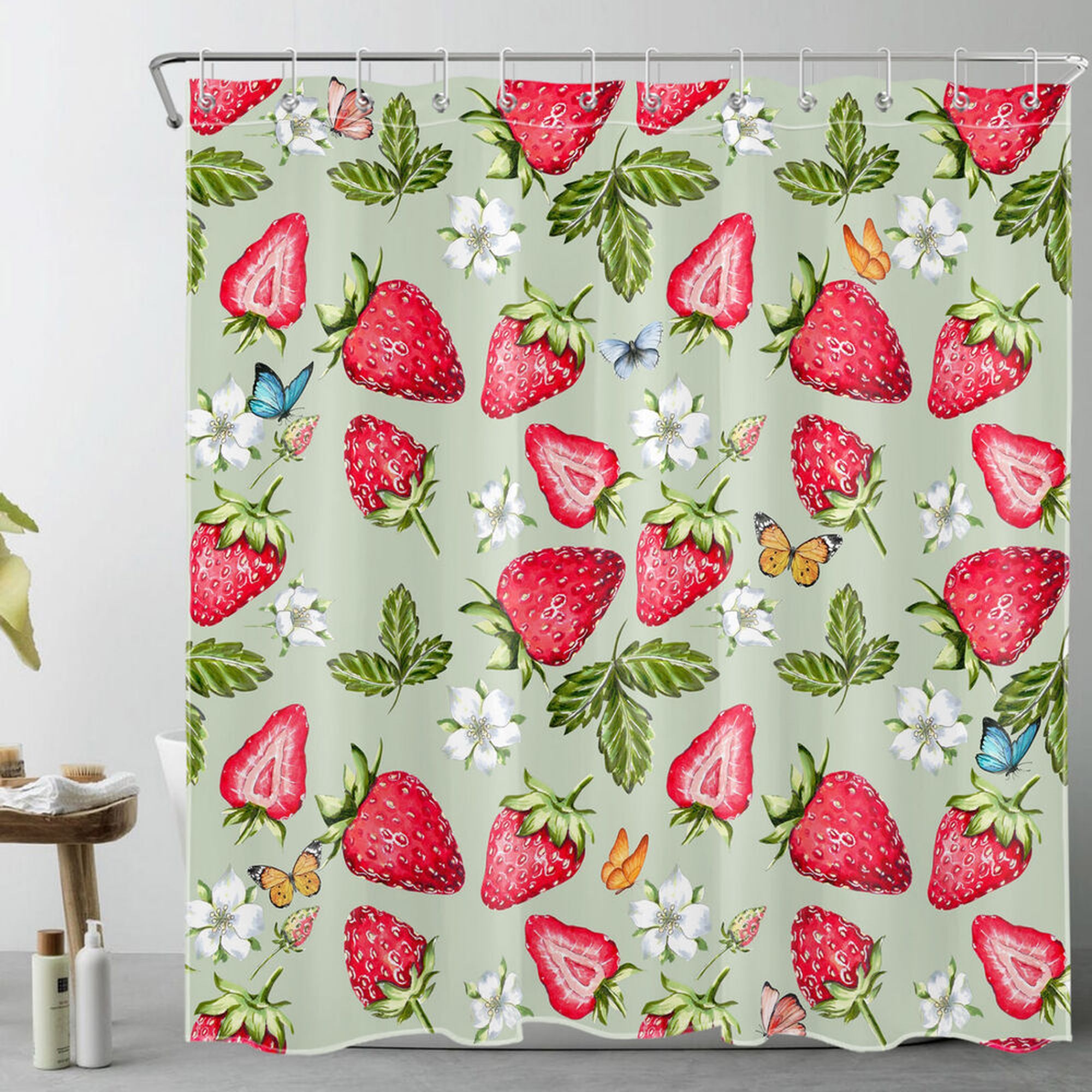 Fluttering Elegance Butterfly and Strawberry Shower Curtain