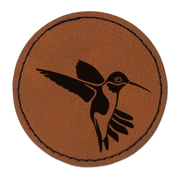 Fluttering Hummingbird 2.5" Faux Leather Round Engraved Iron-On Patch - Brown