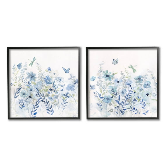 Fluttering Insects Blooming Blue Garden Botanical & Floral Graphic Art Black Framed Art Print Wall Art, Set of 2
