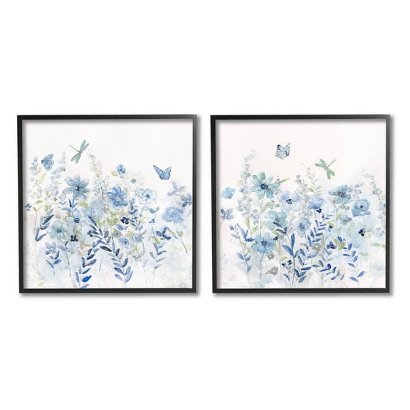 Fluttering Insects Blooming Blue Garden Botanical & Floral Graphic Art Black Framed Art Print Wall Art, Set of 2