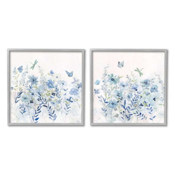 Fluttering Insects Blooming Blue Garden Botanical & Floral Graphic Art Gray Framed Art Print Wall Art, Set of 2