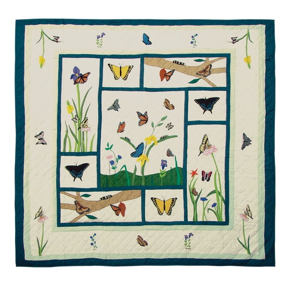 Flutterring Butterflies Quilt, Hand cut and Appliqued cotton fabric motifs.