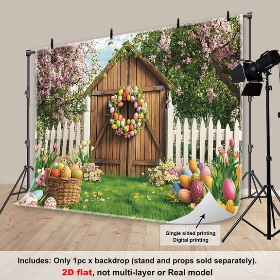 Fluzimir 10x8ft Easter Spring Colorful Flowers Green Grass Fence Barn Door Photography Background for Portrait Party Decorations Banner Pictures Photo Shoot Studio Props