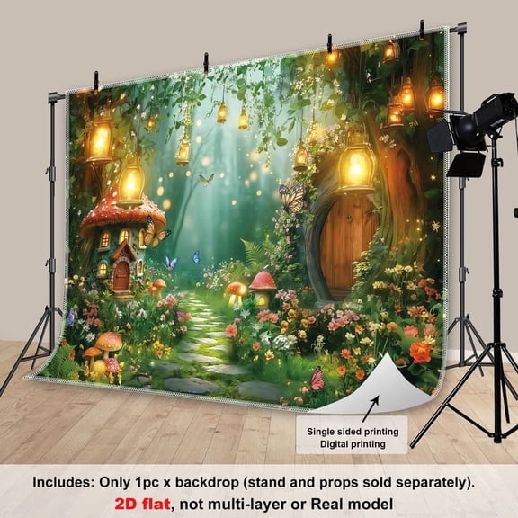 Fluzimir 10x8ft Enchanted Fairy Garden with Mushroom Houses ,path full of flowers and Butterfly,Spring Photography Background for Wedding Birthday Party Banner Decor Supplies Photo Studio Props