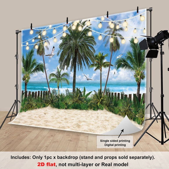 Fluzimir 10x8ft Hawaiian Beach Backdrop Polyester Fabric Summer Tropical seagull and Palm Tree Beach Photo for Theme Party Tapestry Props Pattern Apply To Studio & PortraitsNo stand