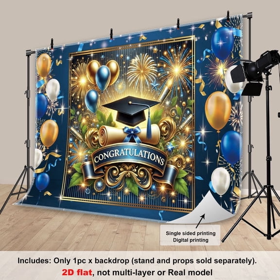 Fluzimir 10x8ft Polyester Fabric Golden And Blue Graduation Photography Backdrop Class Of Background Bachelor Cap Balloon For Grad Congrats Prom Party Decoration Banner Picture Photo Studio