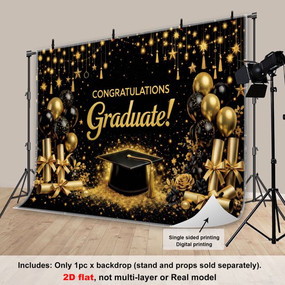Fluzimir 10x8ft Polyester Fabric Golden Starlight And Black Graduation Photography Backdrop Class Of Background Bachelor Cap Balloon For Grad Congrats Prom Party Decoration Banner Picture Studio