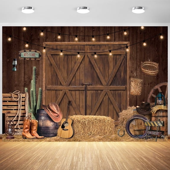 Fluzimir 10x8ft Polyester Fabric Western Cowboy Photography Backdrop Banner Wild Country Retro Farmhouse Wooden Door Photography reusable Background Photo Shooting Decoration Props Decoration