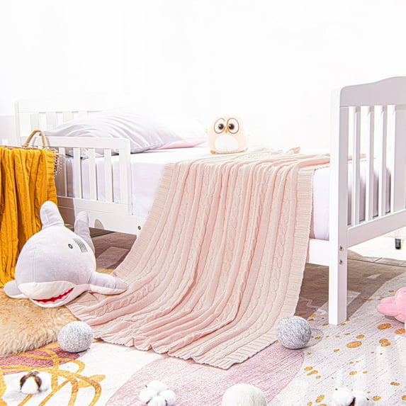 Flxxie 100% Pure Cotton Cable Knit Toddler Throw Blanket, Super Soft Baby Blanket for Boys and Grils, Baby Pink, 30x40 Inches