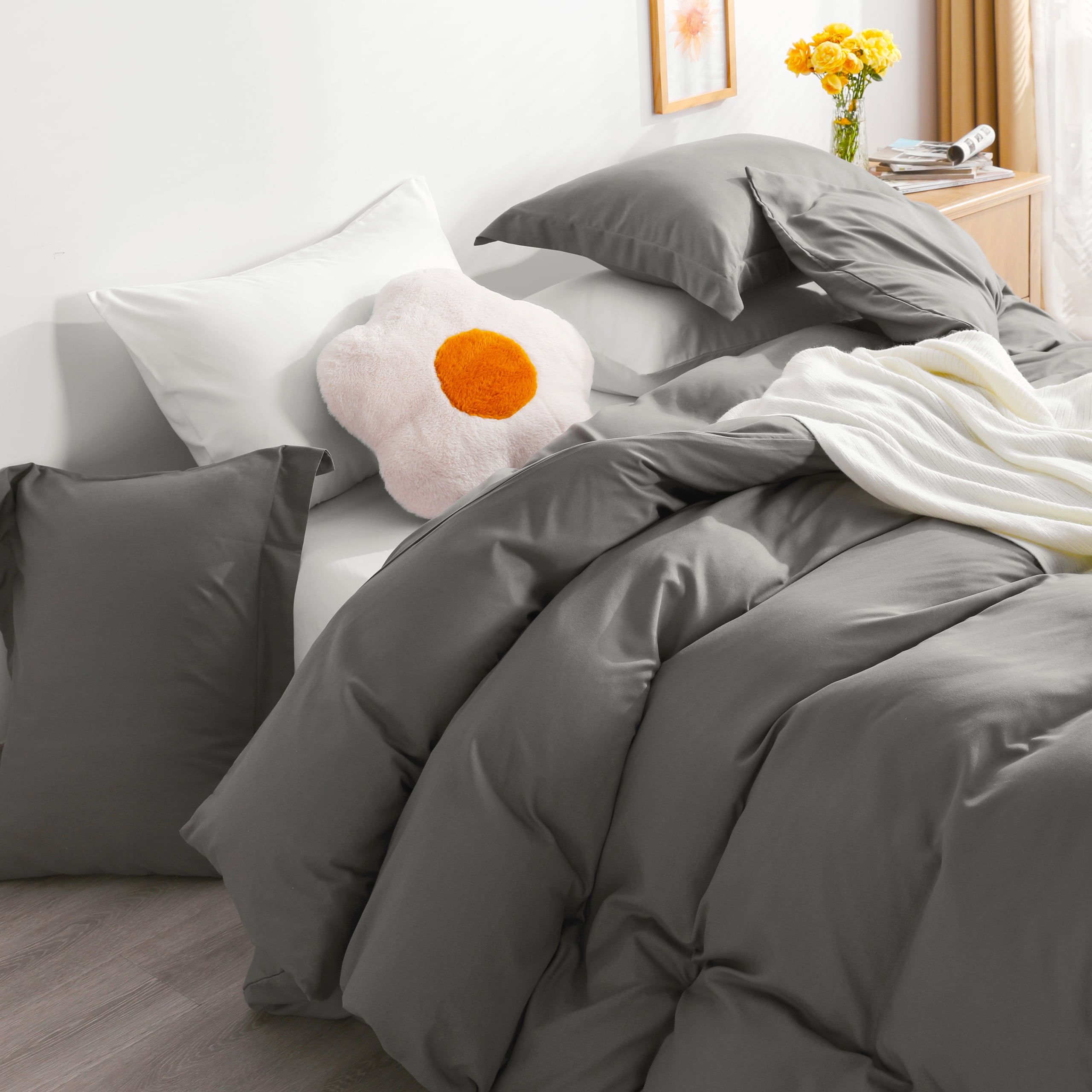 Flxxie 1800 Collection Double Brushed Microfiber Duvet Cover and Sham Set, Dark Gray, Queen, 3 Pieces