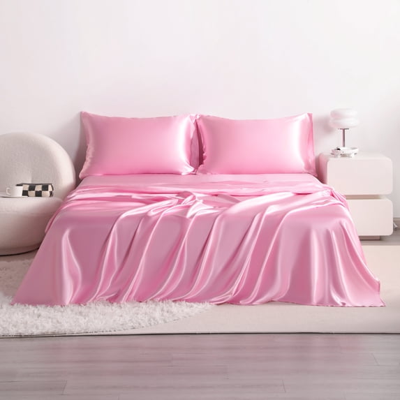 Flxxie 3 Pieces Twin Silky Satin Sheet Set for Hair and Skin, Includes Flat Sheet, Deep Pocket Fitted Sheet and Pillowcases, Pink