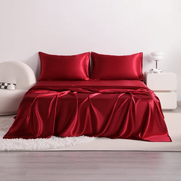 Flxxie 3 Pieces Twin Silky Satin Sheet Set for Hair and Skin, Includes Flat Sheet, Deep Pocket Fitted Sheet and Pillowcases, Wine Red