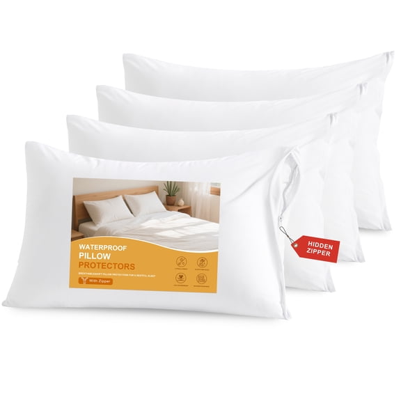 Waterproof Pillow Protectors 4-Pack, 20"x36"/King, Soft Quiet Hidden Zipper Covers - Flxxie