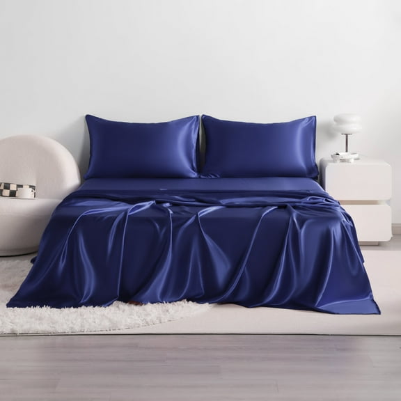 Flxxie 4 Pieces Full Silky Satin Sheet Set for Hair and Skin, Includes Flat Sheet, Deep Pocket Fitted Sheet and Pillowcases, Navy Blue