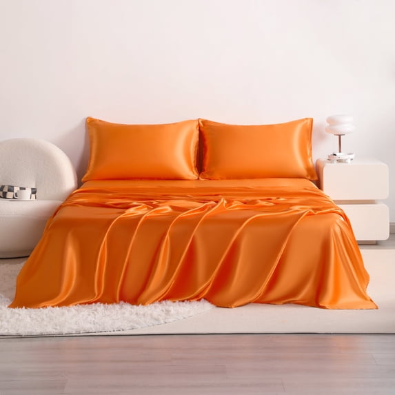Flxxie 4 Pieces Full Silky Satin Sheet Set for Hair and Skin, Includes Flat Sheet, Deep Pocket Fitted Sheet and Pillowcases, Orange