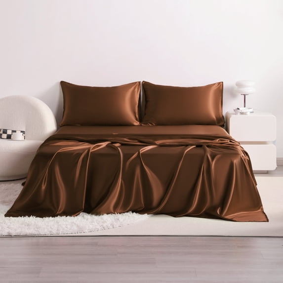 Flxxie 4 Pieces Queen Silky Satin Sheet Set for Hair and Skin, Includes Flat Sheet, Deep Pocket Fitted Sheet and Pillowcases, Brown