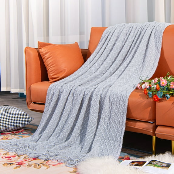 Flxxie Acrylic Knitted Throw Blanket with Decorative Tassel Couch Bed Sofa, 51" x 67", Gray