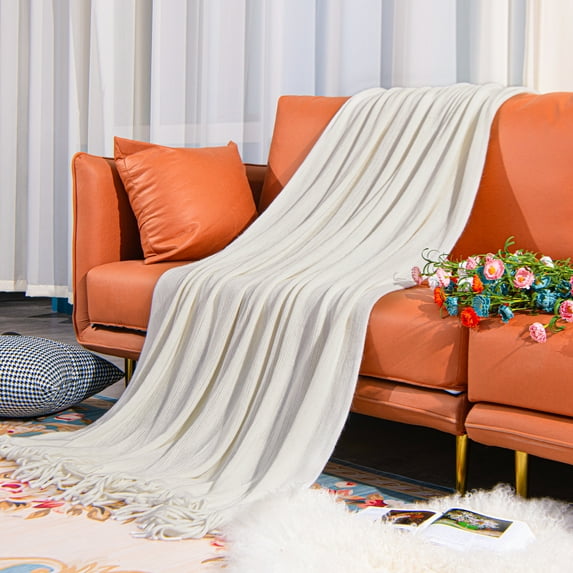 Flxxie Acrylic Knitted Throw Blanket with Decorative Tassel Couch Bed Sofa, 51" x 67", White Striped