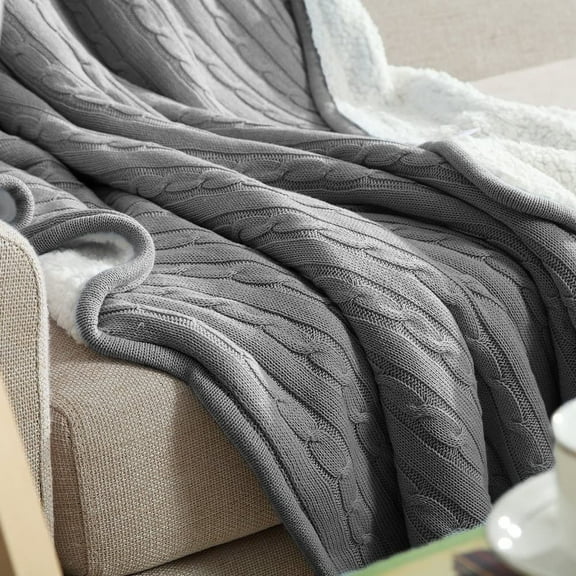 Flxxie Cotton Cable Knitted Throw Blanket, Sherpa Fleece Throw Blanket Dual Sided (Gray, 51" x 67")