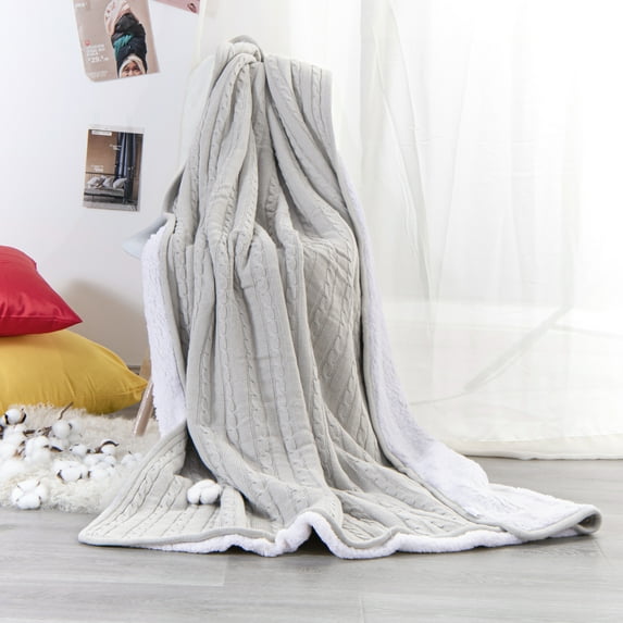 Flxxie Cotton Cable Knitted Throw Blanket, Sherpa Fleece Throw Blanket Dual Sided (Silver Gray, 51" x 67")